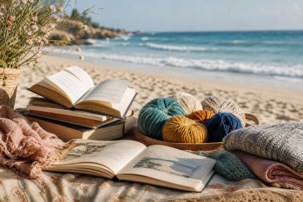 Bücher, Wollknäuel und Strickwaren auf einer Decke am Strand vor dem Meer